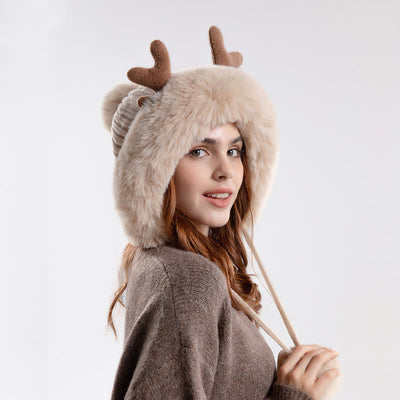 Women's Cute Deer Horn Pompom Knitted Hat