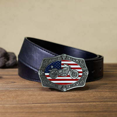 Men's DIY Motorcycle USA Flag Skull Buckle Leather Belt