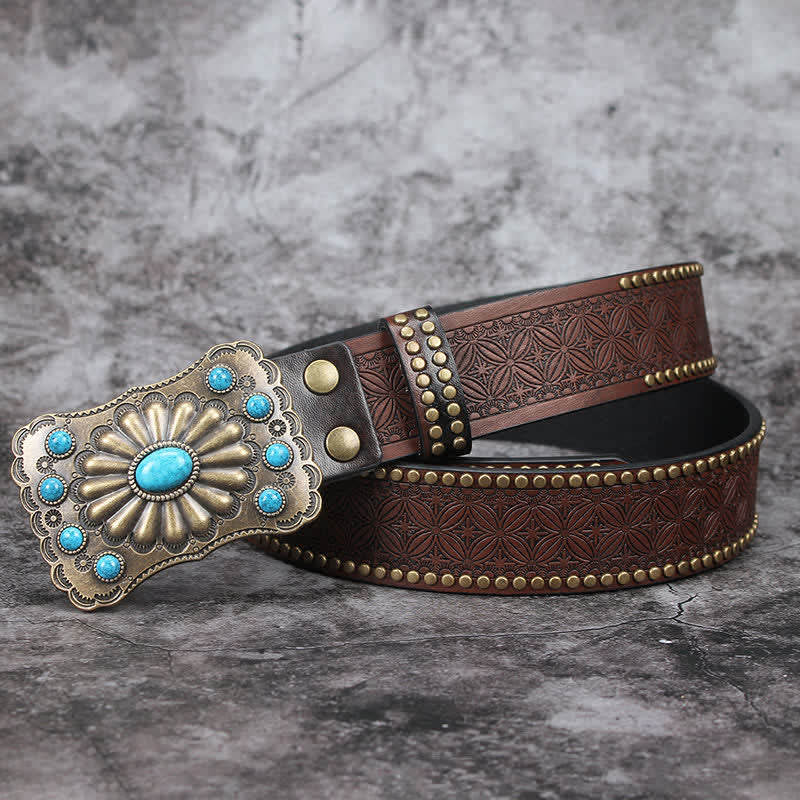 Men's Western Turquoise Stone Embellishment Leather Belt