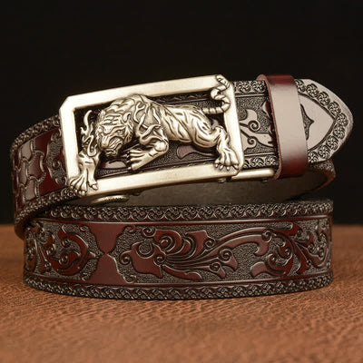 Men's Tiger Buckle Floral Embossed Leather Belt