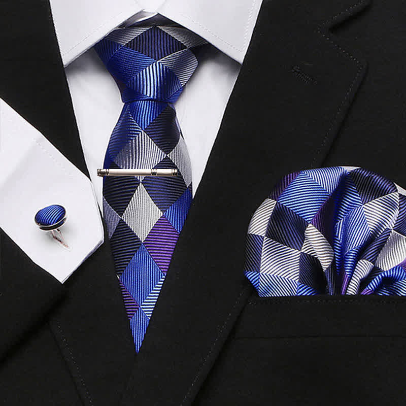 4Pcs Navy & White Men's Gorgeous Plaid Necktie Set