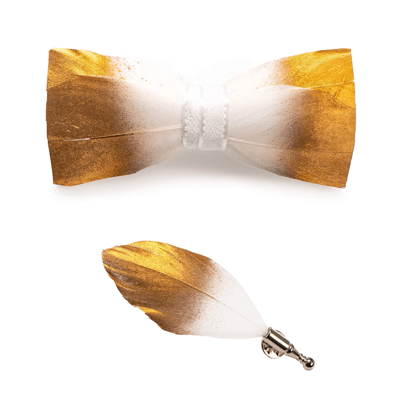 Gold & White Classic Feather Bow Tie with Lapel Pin