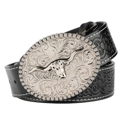 Men's Engarved Feather Bull Jeans Leather Belt