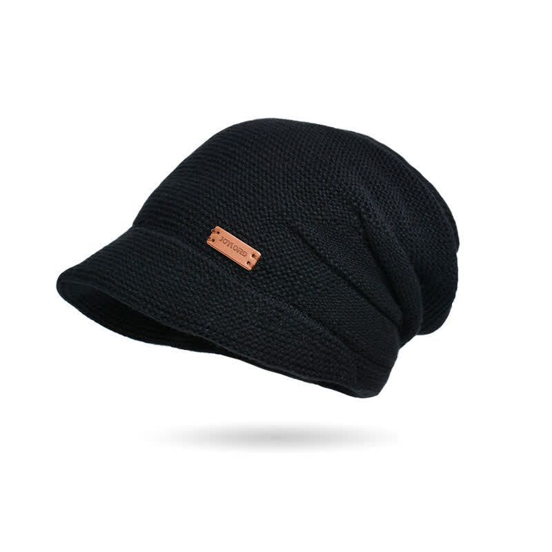 Women's Letter Patched Wide Brim Pile Knitted Hat