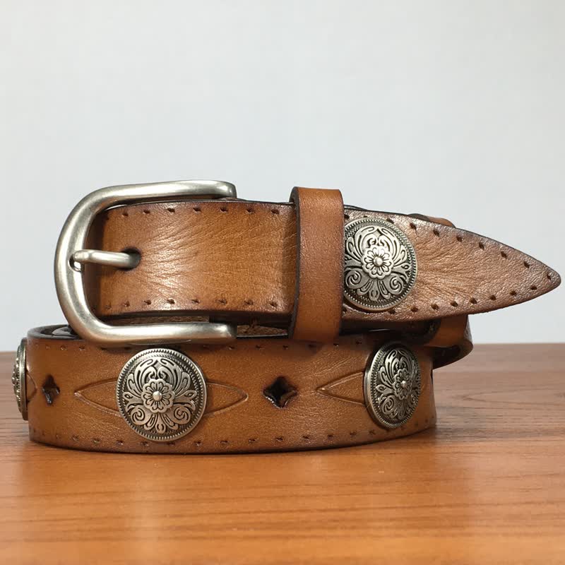 Vintage Round Carving Flower Rivet Leather Belt