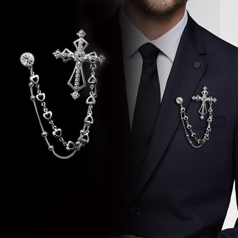 Men's Noble Tassels Cross Rhinestone Brooch