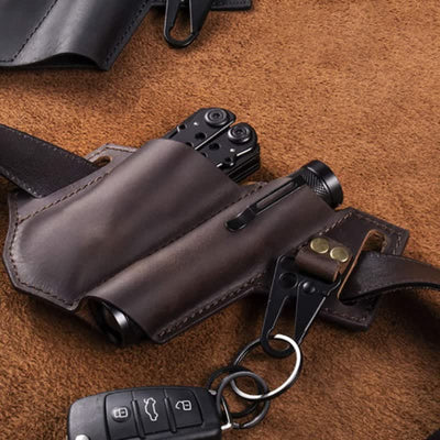 Tactical EDC Sheath Multitool Flashlight Leather Belt Bag