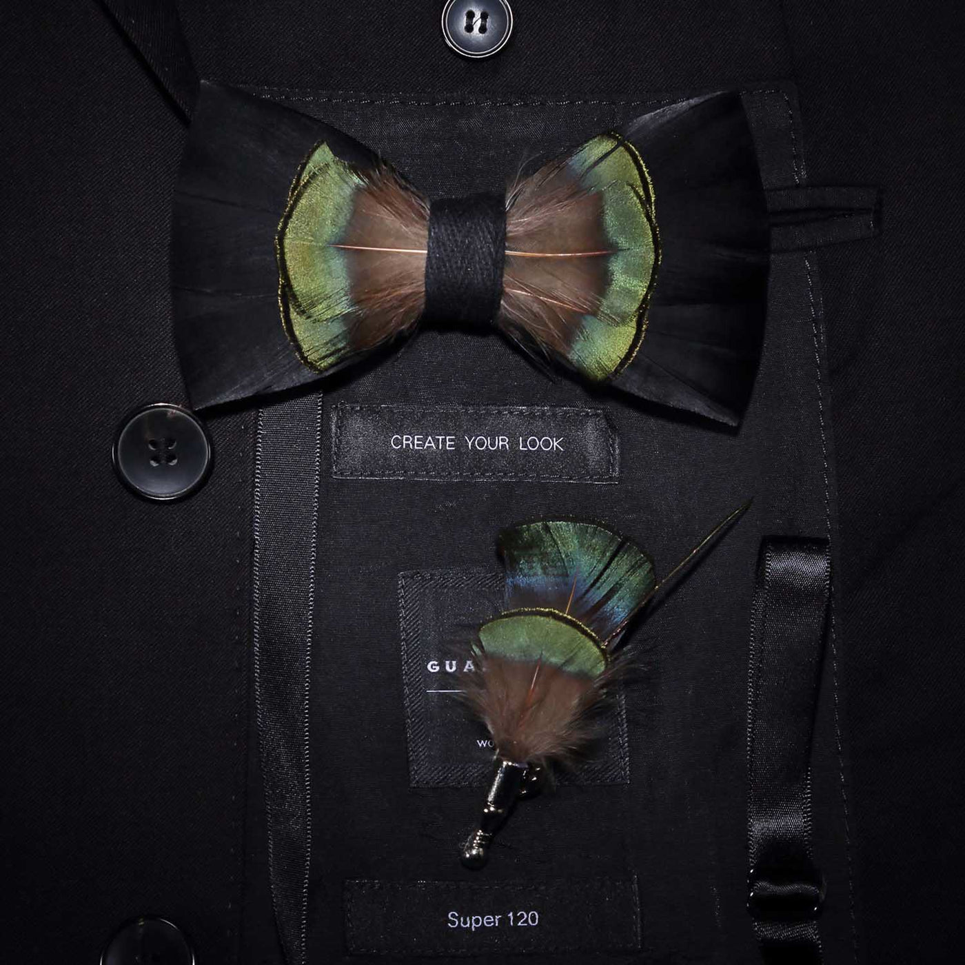 Green & Brown Spring Feather Bow Tie with Lapel Pin