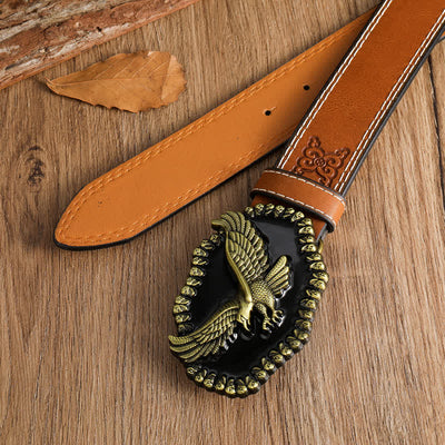 Men's Antique Gold Eagle Soaring Hawk Leather Belt