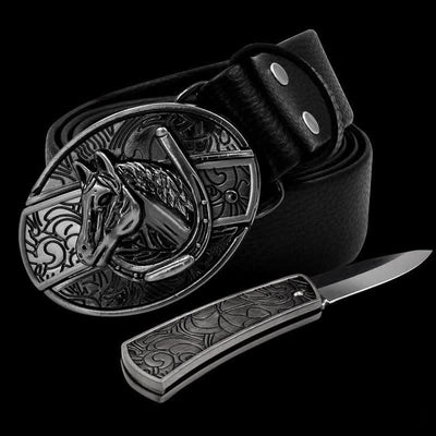 Men's Horse Head Leather Belt With Folding Knife