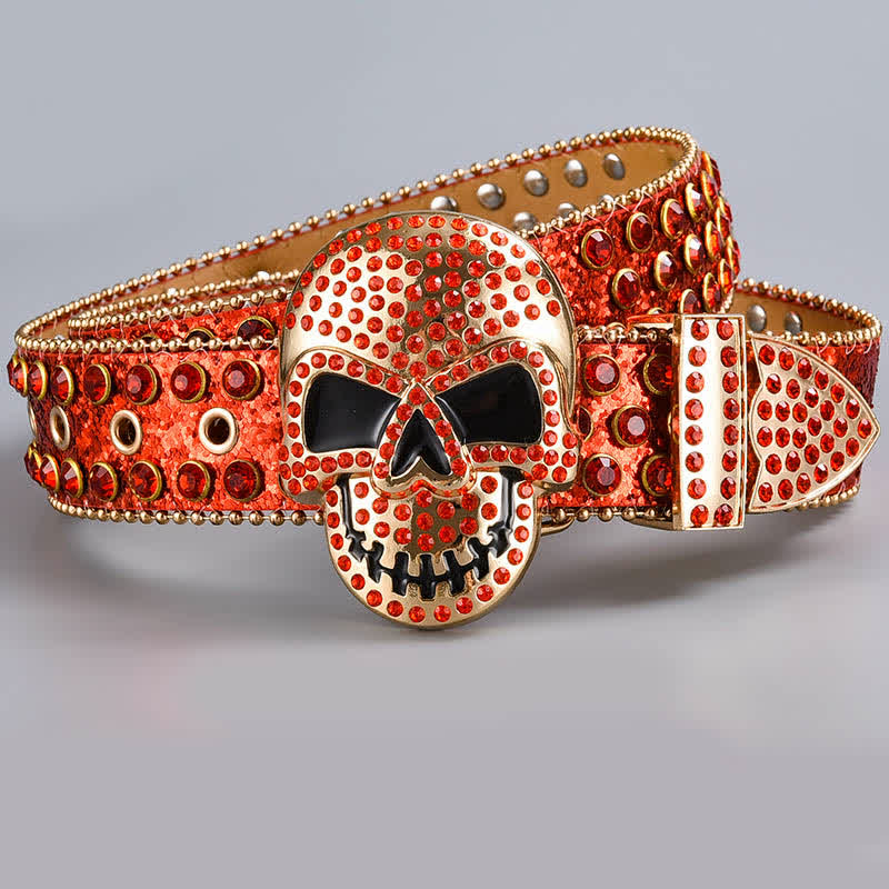 Punk Death Ghost Rhinestone Beaded Leather Belt