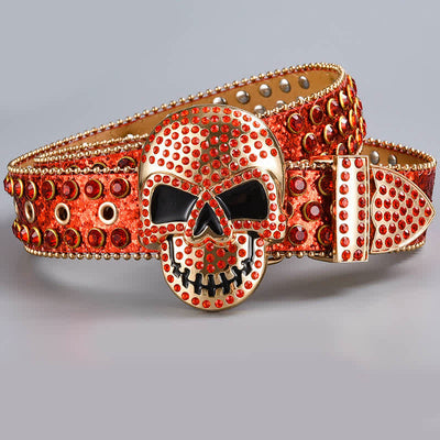 Punk Death Ghost Rhinestone Beaded Leather Belt