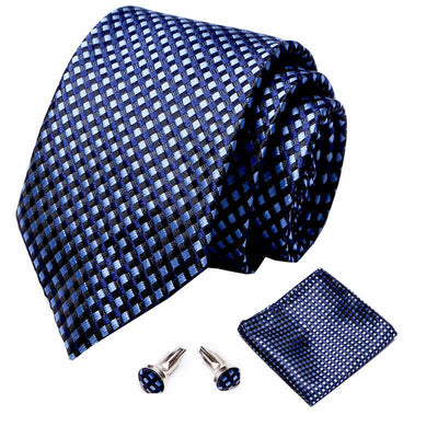 3Pcs Men's Light Blue & Navy Little Checks Necktie Set