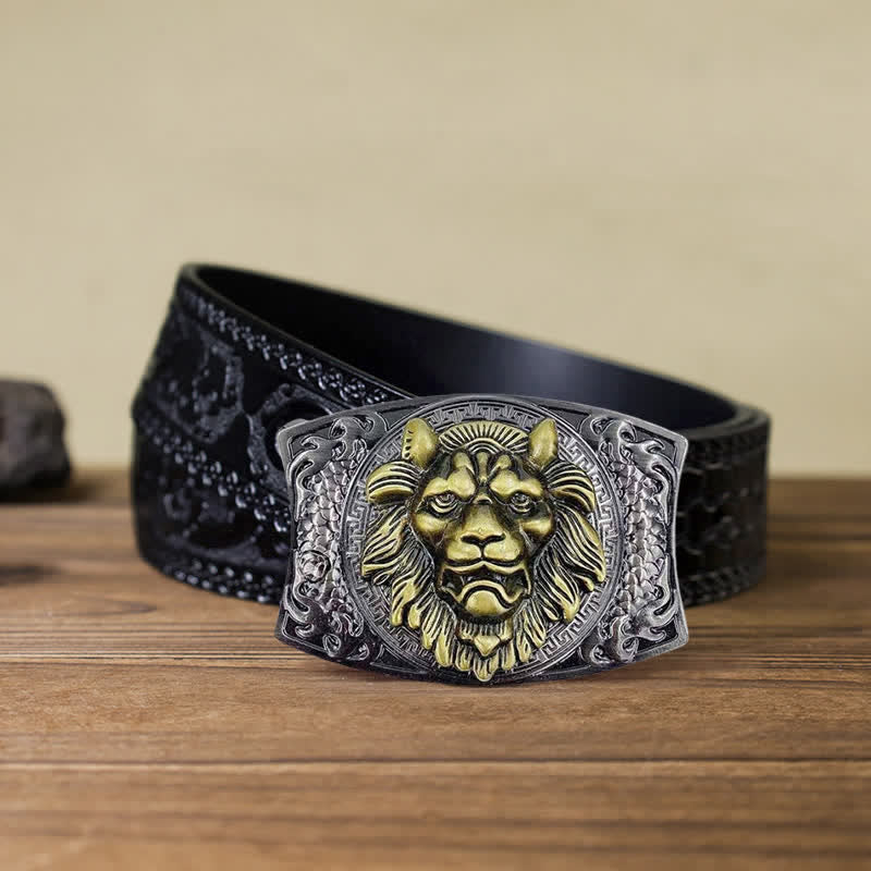 Men's DIY Gold Lion Hidden Folding Knife Leather Belt