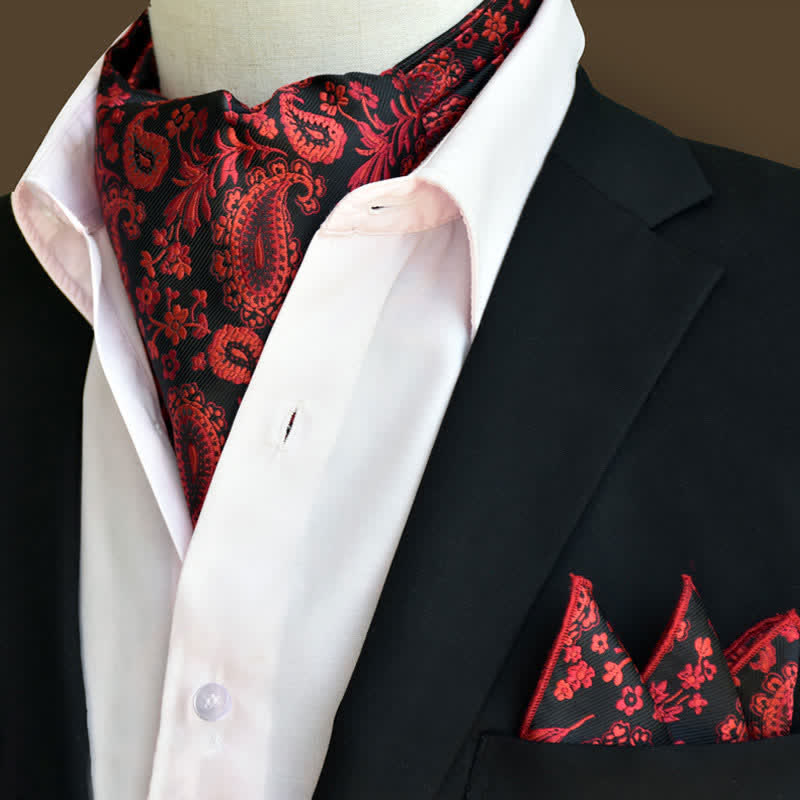 2Pcs Red&Black Luxury Floral Paisley Pocket Square and Cravat Set
