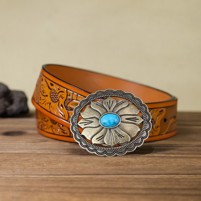 Men's DIY Turquoise Inlaid Floral Buckle Leather Belt