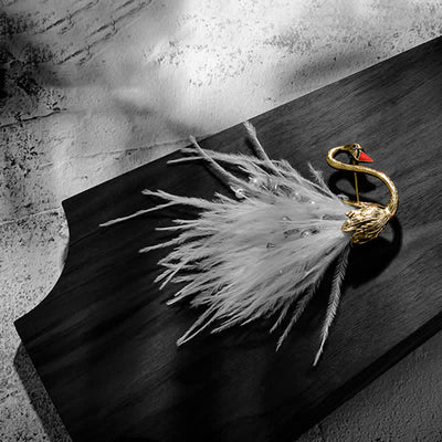 Women's Black / White Swan Plush Feather Brooch