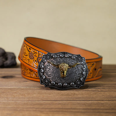 Men's DIY Longhorn Bull Antiqued Silver Buckle Leather Belt