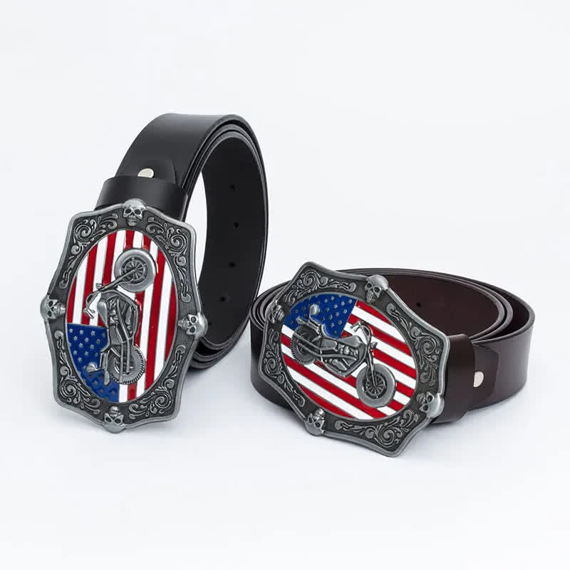 Men's Motorcycle American Flag Skull Leather Belt