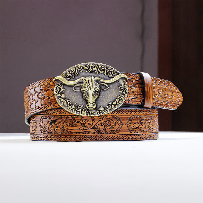 Men's Vintage Bull Head Brown Embossed Leather Belt