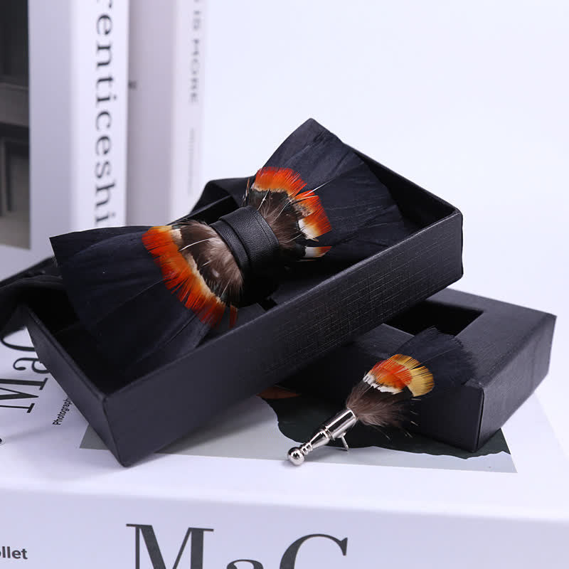 Black & Orange Feather Bow Tie with Lapel Pin