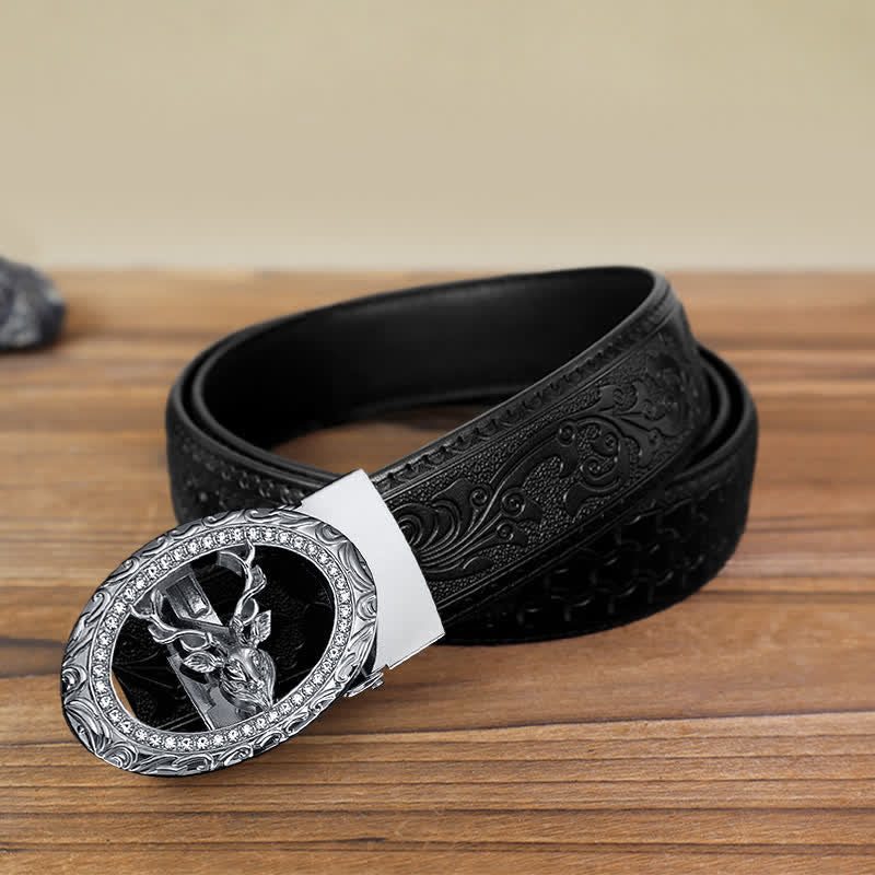 Men's DIY Rhinestone Deer Automatic Buckle Leather Belt