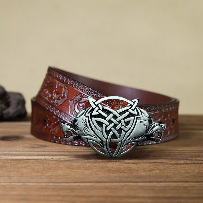 Men's DIY Wolf Head Celtic Knot Buckle Leather Belt