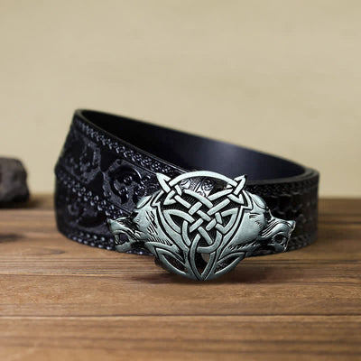 Men's DIY Wolf Head Celtic Knot Buckle Leather Belt