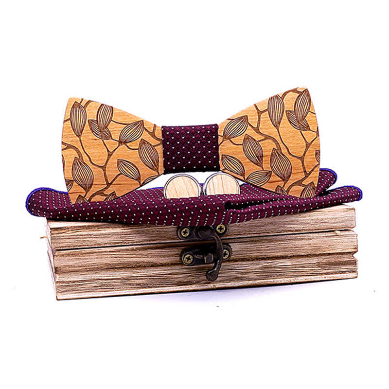 3Pcs Men's Leaf Patterned Wooden Bow Tie Set