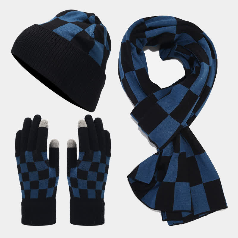 3Pcs Unisex Checkerboard Plaid Hat Scarf Gloves Set