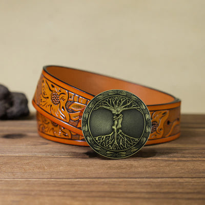 Men's DIY Tree Of Life Ash Elm Buckle Leather Belt