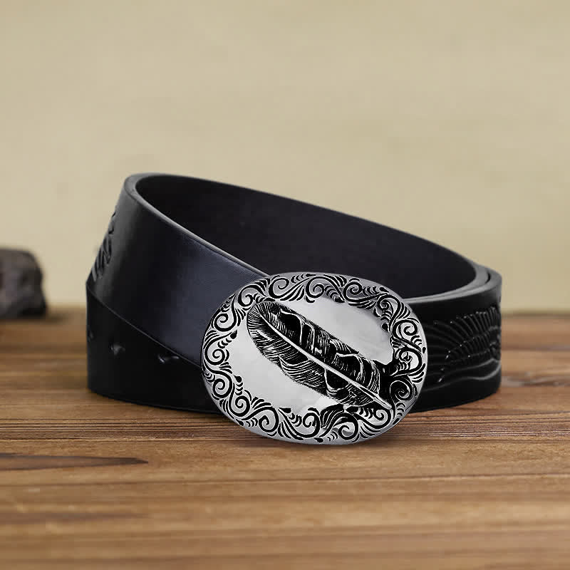 Men's DIY Charming Carved Feather Buckle Leather Belt