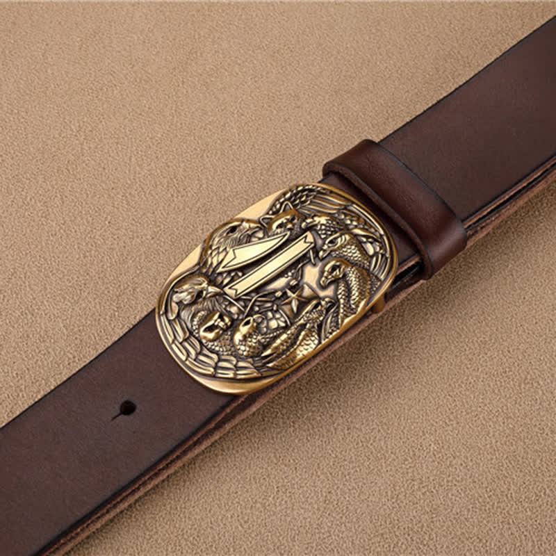 Men's Carved Flock of Eagles Head Buckle Leather Belt