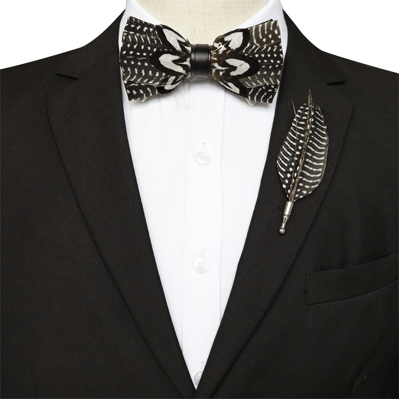 Brown & White Spots Feather Bow Tie with Lapel Pin
