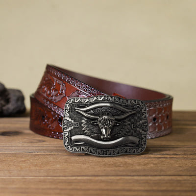 Men's DIY Silver Square Longhorn Bull Buckle Leather Belt