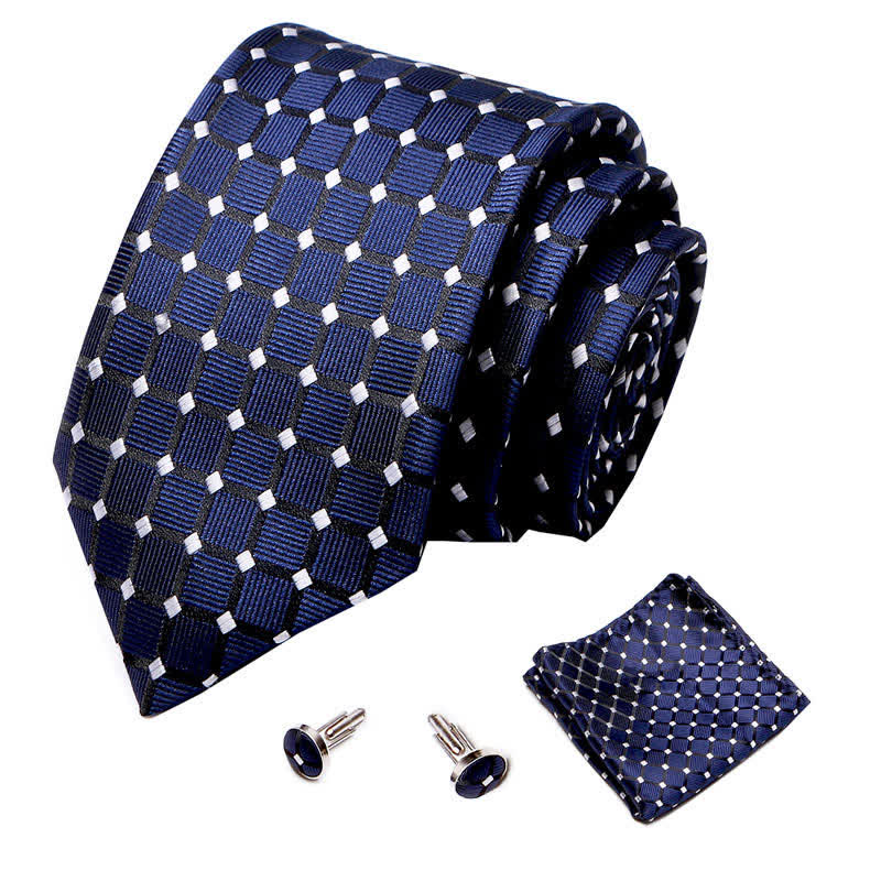 3Pcs Men's MidnightBlue & White Checked Necktie Set