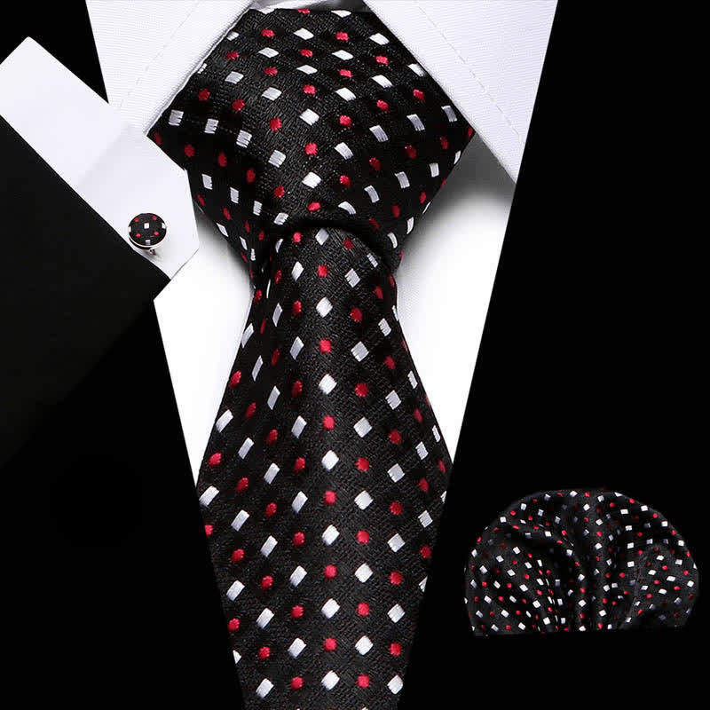 3Pcs Men's Red Dots & White Square Black Necktie Set