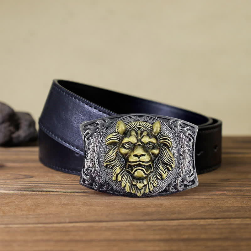 Men's DIY Gold Lion Hidden Folding Knife Leather Belt