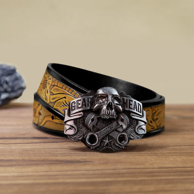 Men's DIY Gear Head Piston Skull Buckle Leather Belt