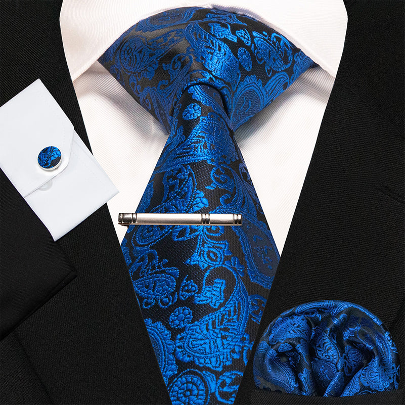 4Pcs Blue & Black Men's Luxurious Paisley Necktie Set