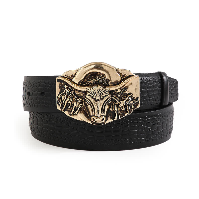 Men's Longhorn Bull Head Crocodile Pattern Leather Belt