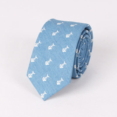 Men's British Style Blue Fish Bone Skull Print Cotton Necktie