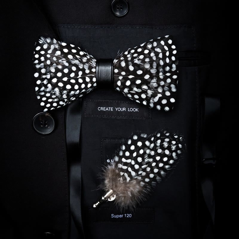 Black & White Polka Dot Feather Bow Tie with Lapel Pin