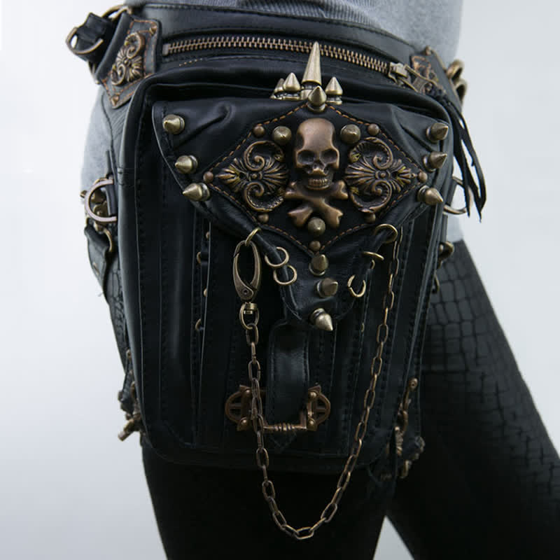 Gothic Retro Steampunk Skull & Studded Crossbody Waist Bag