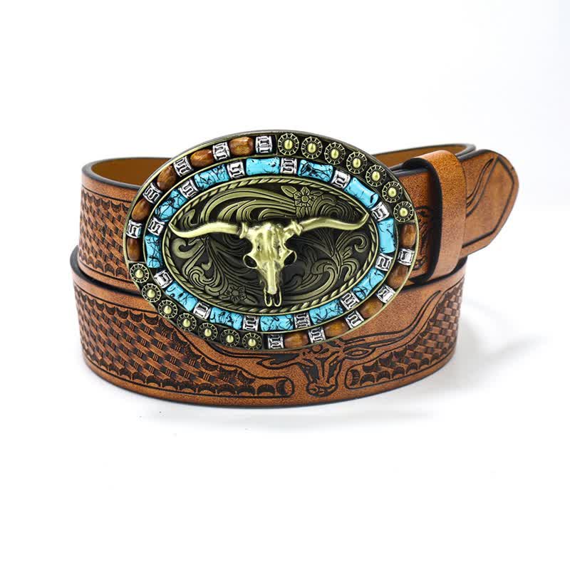 Men's Western Cowboy Turquoise Bull Leather Belt