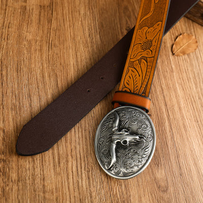 Men's Vintage Floral Longhorn Bull Leather Belt
