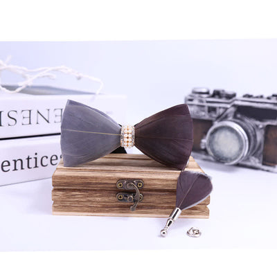Gray & Brown Shiny Pearl Feather Bow Tie with Lapel Pin