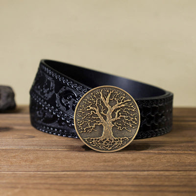 Men's DIY Tree of Life Round Buckle Leather Belt