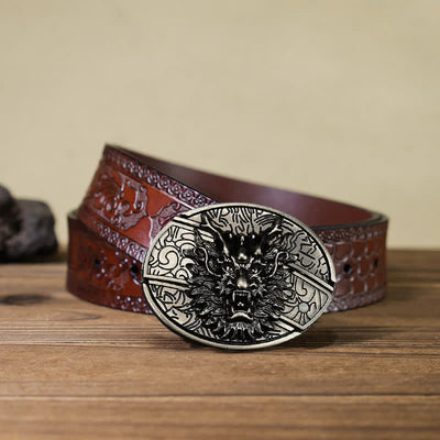 Men's DIY Brave Dragon Hidden Folding Knife Leather Belt