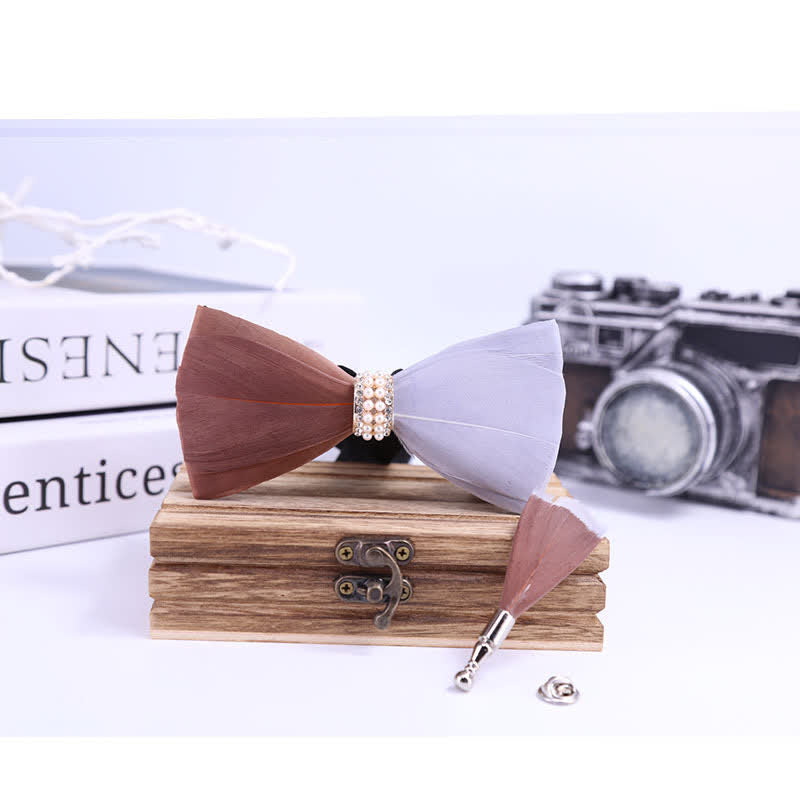 Brown & White Shiny Pearl Feather Bow Tie with Lapel Pin
